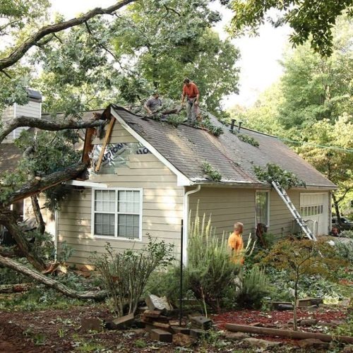 a roof damaged by debris from wind